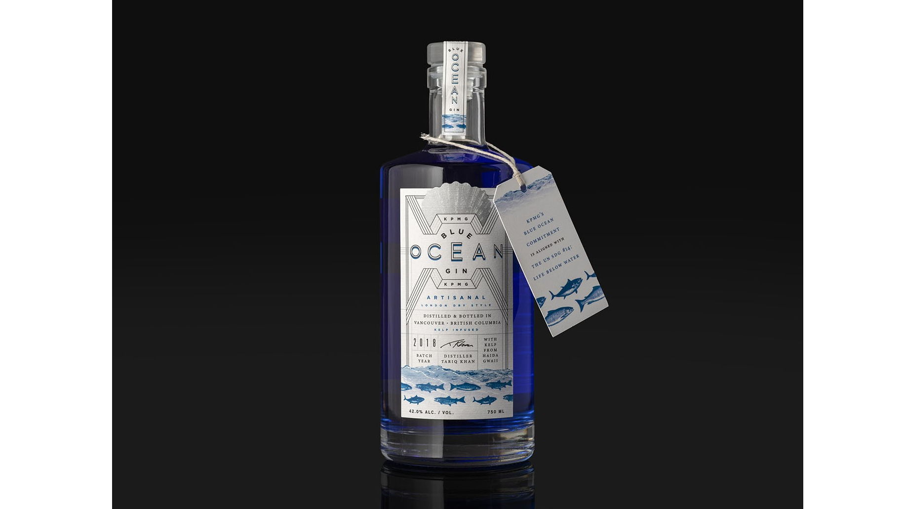 a 750 ml bottle of KPMG Blue Ocean Gin